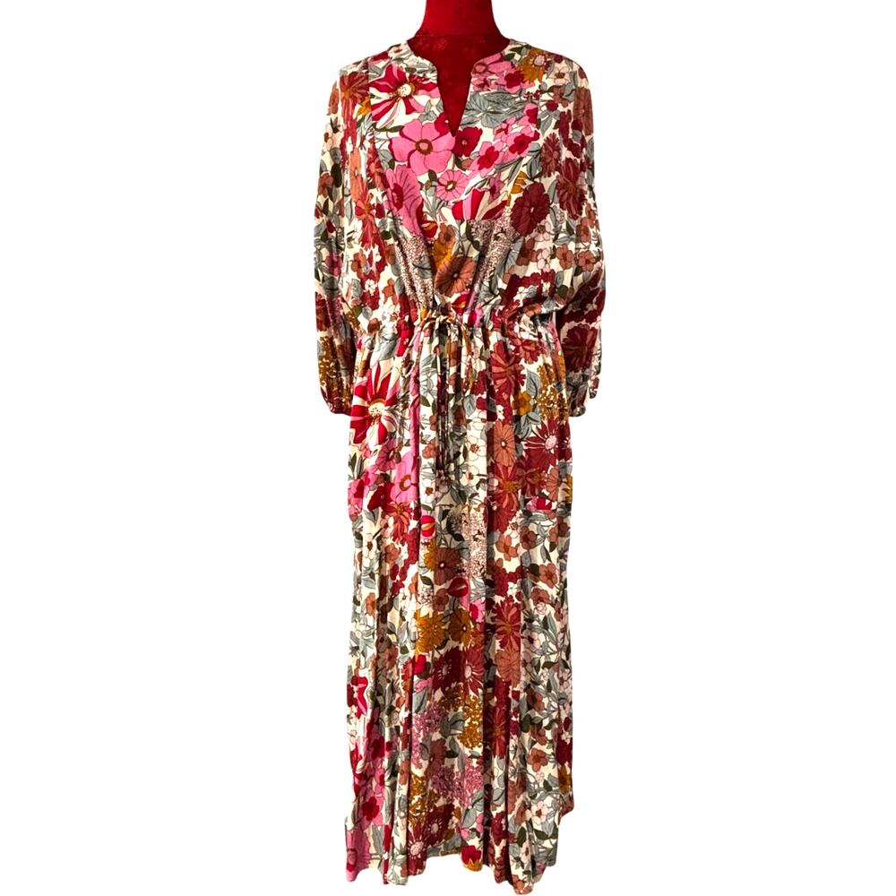 Entro Midi Dress L multicolor floral pink tan soft drawstring waist Boho cottage